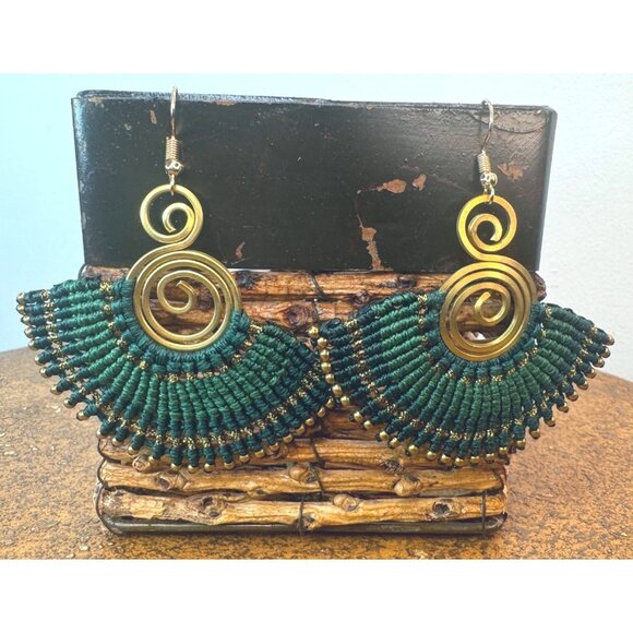 3/$35 Bohemian Earthy Shades of Greens Synthetic Gemstones Shell Tassel Earrings - Picture 4 of 5